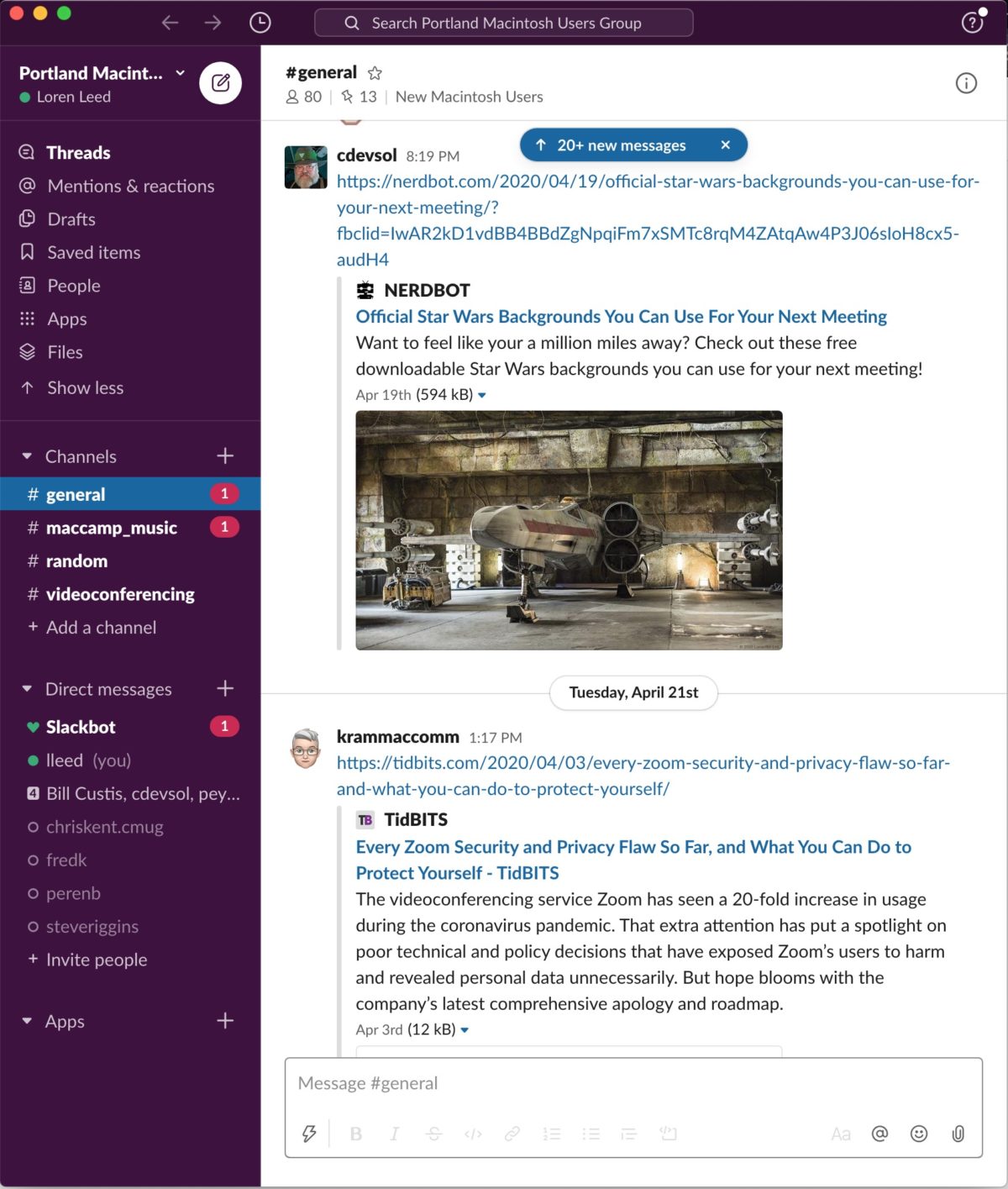 Screenshot of PMUG's Slack channel