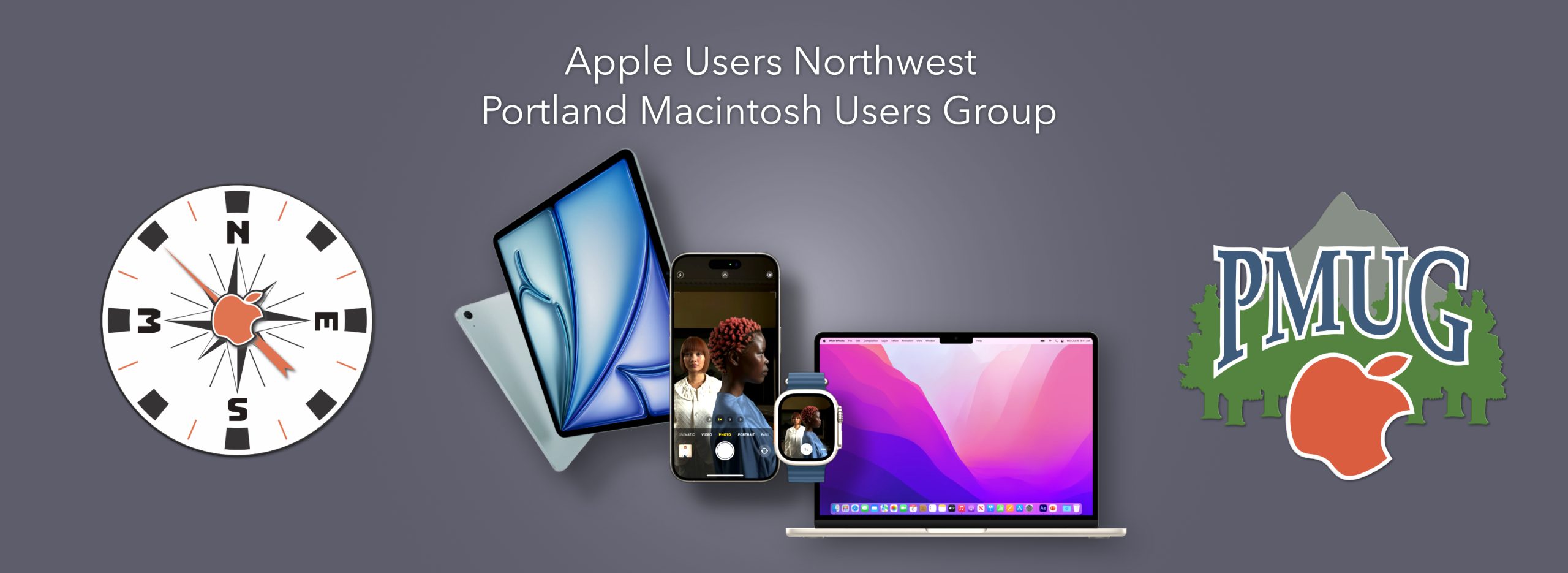 Images of Apple devices, with the PMUG and AUNW logos on each side.